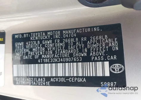 2004 Toyota Camry Xle из США, поврежденный, VIN 4T1BE32K34U907653